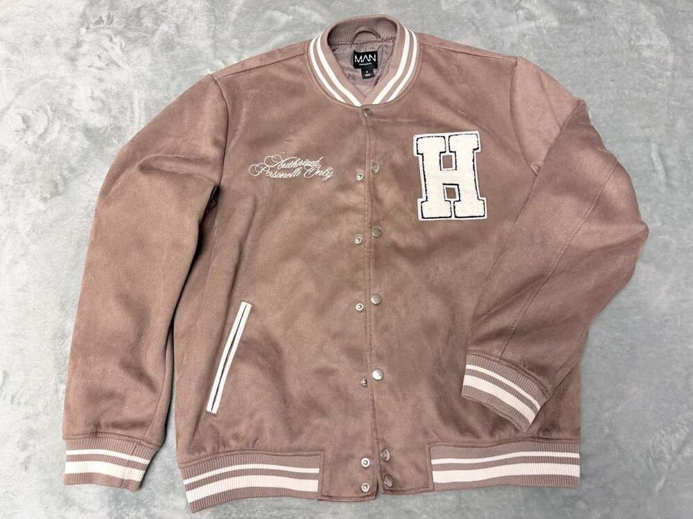 BoohooMAN Varsity Jacket Size XL Brown Faux Suede Letterman H Embroidered